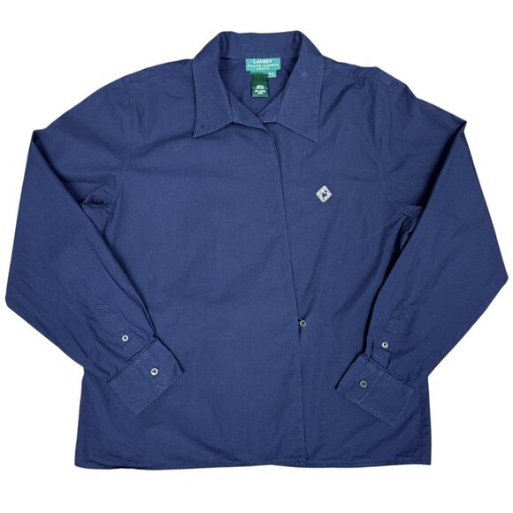 Women's‎ LAUREN RALPH LAUREN Navy Crossover Blouse- Size Large Petite - Picture 1 of 8